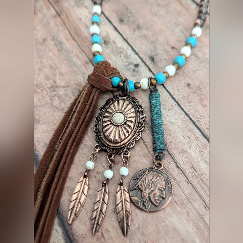 New Original Design Boho Western Brown Suede Cord With Beads & Charms Necklace